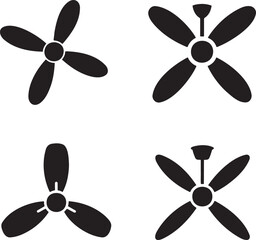 Set of Black Fan and Propeller Silhouettes on White Background – Vector Icons Collection 