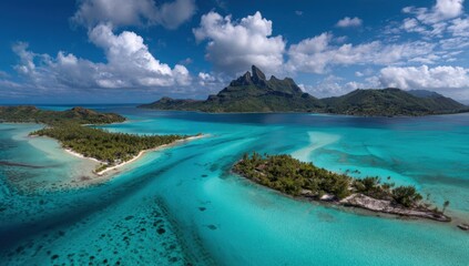 Aerial view of turquoise lagoon islands. Lush vegetation, dramatic mountains