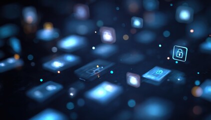 Abstract digital display with numerous translucent icons, mostly lock symbols, on a dark background