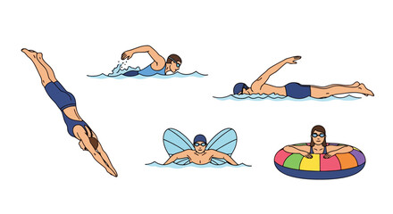 Diverse collection of swimming styles and water activities illustrations for instructional materials, fitness promotions, or recreational guides