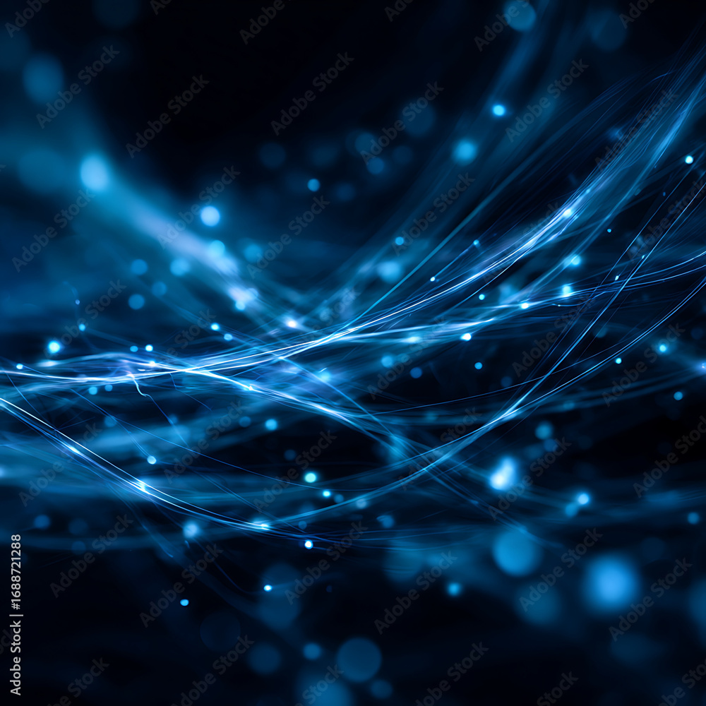 Poster dynamic blue light streams and flowing lines representing technology, innovation, and data flow