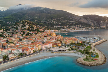 Aerial view of Menton, a resort town on the French Riviera, France.