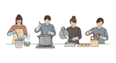 Illustrative depiction of a culinary process involving food preparation, cooking, and packaging for demonstrating food production, recipes, or educational materials