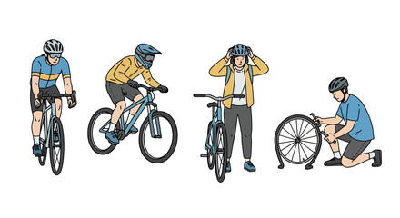 Cyclists illustrations depicting road cycling, mountain biking, safety gear, and maintenance. Suitable for sports, recreation, and safety campaigns