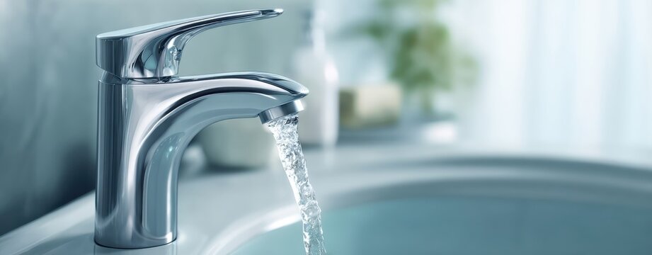 The chrome faucet pouring clear water into a modern minimalist bathroom sink