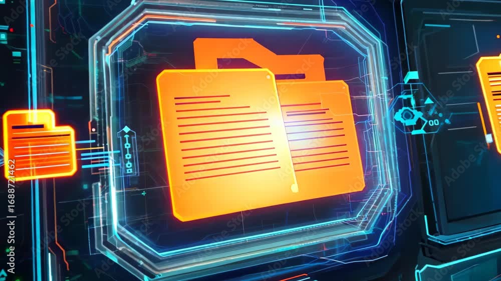Poster Modern digital interface featuring bright orange file icons on a blue grid. This graphic represents technology and data management, ideal for tech-focused projects.