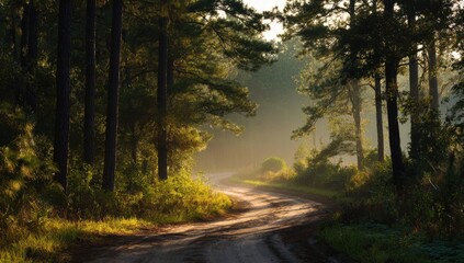 Obraz premium Sunlit dirt road through a misty forest