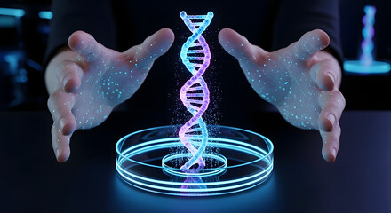 Hands manipulating a glowing DNA helix in a laboratory setting. The scene emphasizes biotechnology and efficiency in biomass production.
