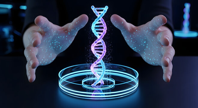 Hands manipulating a glowing DNA helix in a laboratory setting. The scene emphasizes biotechnology and efficiency in biomass production.