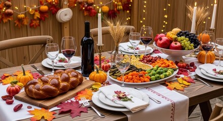 Festive outdoor dining table set for Thanksgiving with autumn decorations and delicious food.
