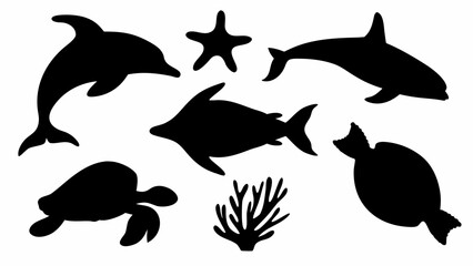 Silhouette of ocean life featuring dolphins, sea turtle, fish, coral, and a starfish in black and white