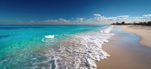 Sparkling turquoise waves crash on a pristine sandy beach under a vibrant blue sky