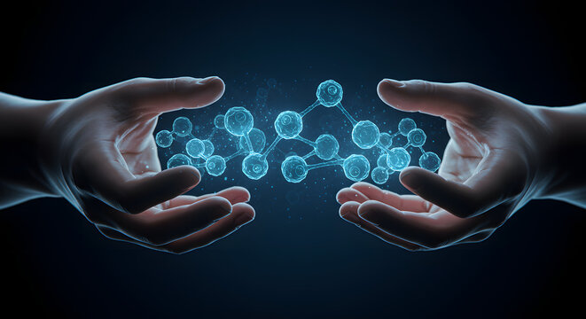 Two human hands reaching towards each other, holding glowing molecular structures. The background is dark, emphasizing the biotechnology theme.