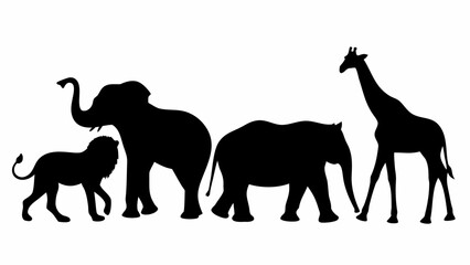 Silhouettes of a lion two elephants and a giraffe standing in a row against a white background scene