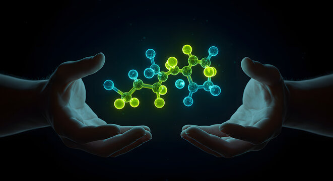 Two hands hold a glowing molecular structure, symbolizing biotechnology and efficiency in biomass production. The background is dark, emphasizing the vibrant colors of the molecules.