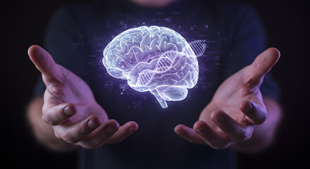 Hands holding a glowing digital brain, symbolizing biotechnology and efficiency in biomass production. The background is dark, emphasizing the futuristic concept.