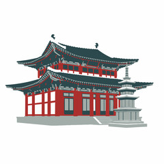 Traditional Korean Architecture, Temple and Pagoda, Isolated Illustration, Flat Design, Minimalist Style