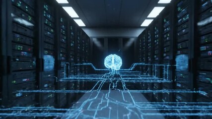 A server room houses a glowing brain connected to servers by blue lines - Powered by Adobe