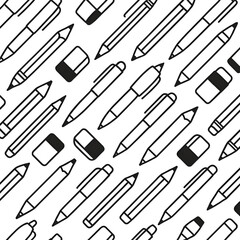 Seamless Pattern of Pencils, Pens, and Erasers in Sketch Style