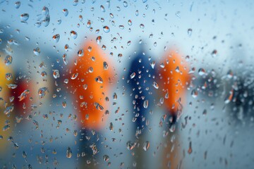 Rainy day view through a wet window. Blurry figures in rain gear are visible