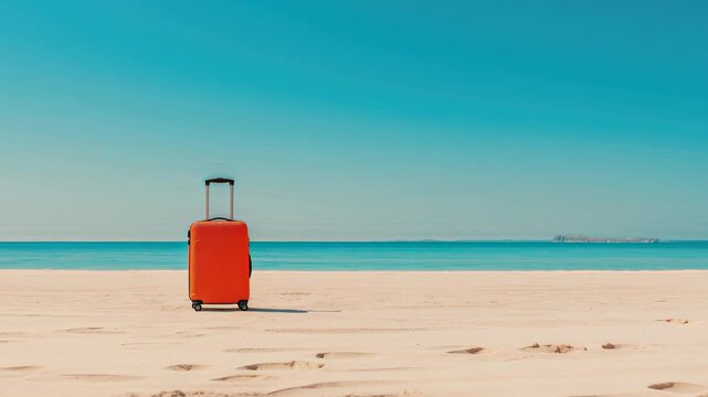Pullout shot of an Orange Suitcase on Tropical Paradise Beach