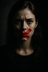 Portrait of a young woman with red tape over her mouth in the shape of an X, symbolizing silence, abuse, and loss of voice