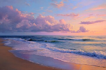 Fototapeta premium Coastal sunrise, soft pastel hues. Gentle waves lap a sandy shore. Pink and purple clouds fill the sky