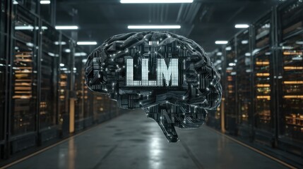 LLM Large Language Models. Modern digital illustration featuring the acronym LLM with a brain and circuit design.