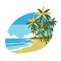Tropical Beach Landscape Illustration, Indonesia Travel Icon, Relaxing Seaside View, Nature Vector Art, Flat Design, White Background