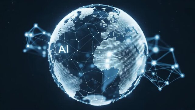 Digital Globe with AI Text Surrounded by Glowing Network Connections in Blue