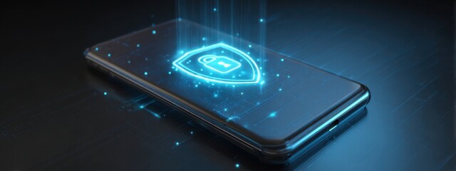 Digital security visualization showcases a smartphone with a glowing lock icon on a dark background