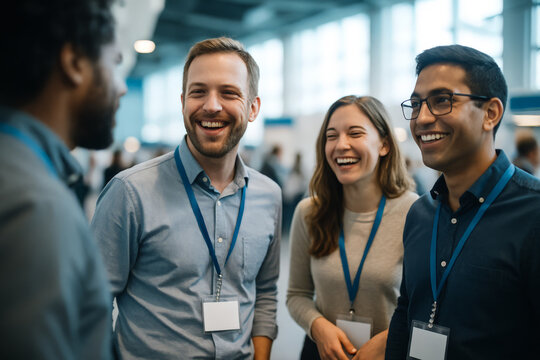 Group of young professionals networking and laughing at a business conference, wearing name tags and engaging in a friendly conversation