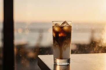 Iced latte in sunlit cafe by the ocean