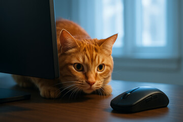 Curious ginger cat crouched behind a monitor, intently staring at a computer mouse on a desk—ready to pounce on the “wrong kind of mouse.”