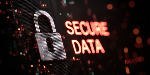 Secure data protection concept with digital lock symbol and glowing text on dark background