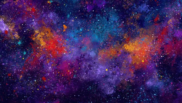 Abstract cosmic landscape. Vibrant, painterly swirls of deep purple, indigo, and orange hues. Scattered bright spots and streaks of color resembling stars and nebulae