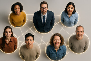 Diverse team of professionals connected by glowing network lines, symbolizing collaboration, unity, and digital teamwork from a top-down perspective