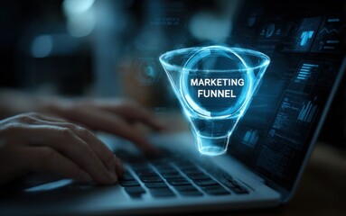 Person using laptop with a digital sales funnel and customer icons.Sales funnel marketing strategy concept for lead generation and conversion rate optimization process