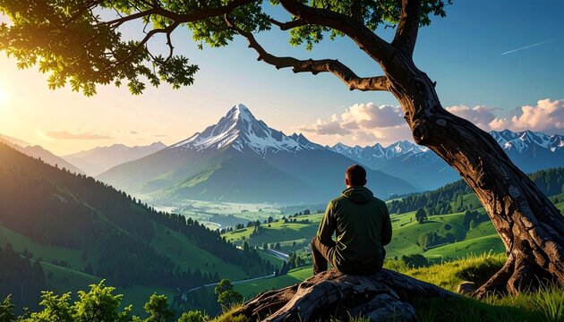 A person sits peacefully under a Tree on a mountain ridge, gazing at a stunning alpine landscape with a snow-capped peak and lush green valleys, representing tranquility, peace - Powered by Adobe