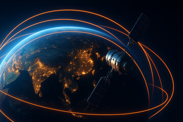 Satellite orbiting Earth with illuminated data paths, representing global communication, internet connectivity, and space technology