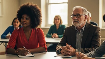 Diverse Group Listening During Training Session in a Classroom Setting with Focused Expressions