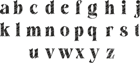 Textured alphabet lowercase letters with grunge effect on white background. Unique distressed style font for creative typography, school, and design projects. Artistic lettering illustration for digit