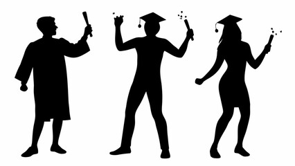 Obraz premium Silhouette of three graduates in caps and gowns holding diplomas and celebrating their achievement together