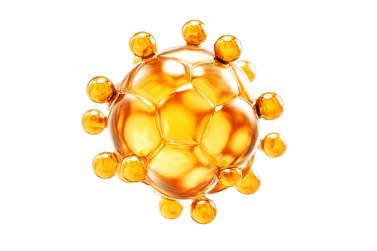 Golden oil molecule structure science beauty product serum liquid sphere on transparent background
