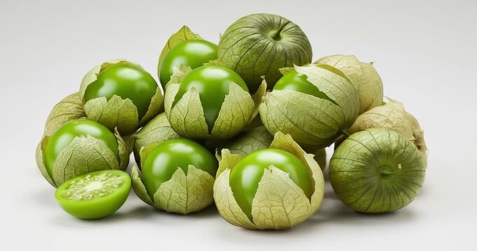 Fresh green tomatillos arranged artistically on display