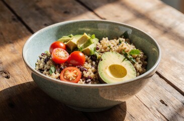 Fresh avocado quinoa salad with cherry tomatoes and herbs in ceramic bowl on rustic table