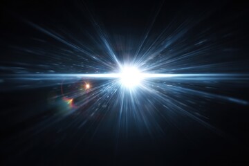 Fototapeta premium Bright, central light bursts outward from a luminous center, radiating across a dark background. Lens flares and light streaks accentuate the explosion of light