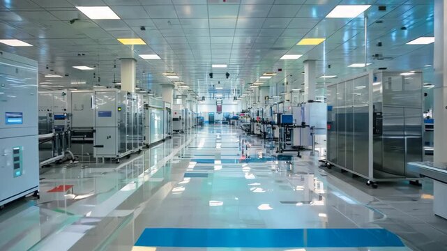 A modern clean room designed for advanced technology and equipment, showcasing a sterile and organized workspace ideal for manufacturing and research activities.