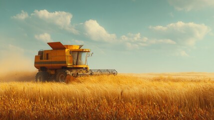 Obraz premium A bright yellow combine harvester moves through a golden wheat field, cutting the ripe stalks under a blue sky adorned with fluffy clouds. Dust rises as the machinery works efficiently.