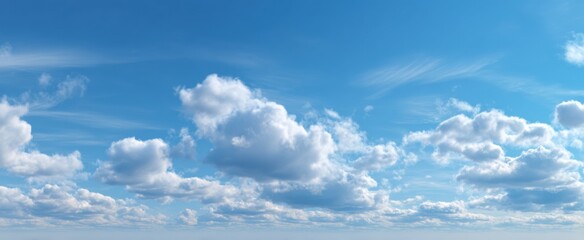 Vast expanse of a brilliant blue sky dotted with puffy white cumulus clouds